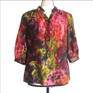 TRINA TURK Pink Green Silk Wool VNeck Floral Abstract Print 3/4 Blouse Top XS